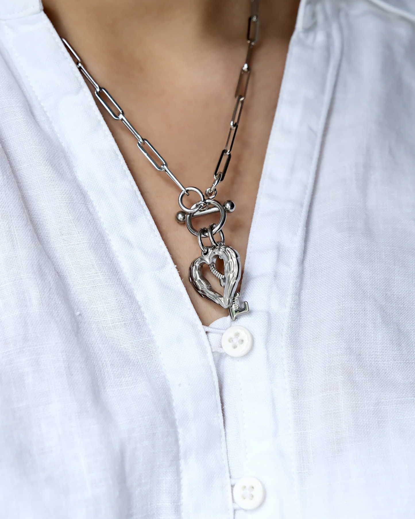 Heart and Key Silver Toggle Lock Chain Nacklace