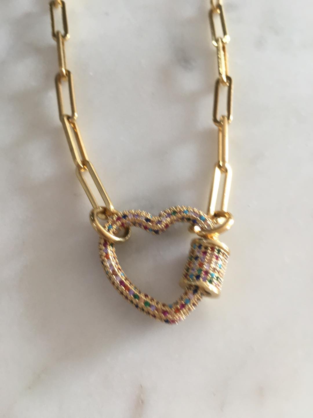 Multicolored Studded Heart Lock Chain-link Necklace