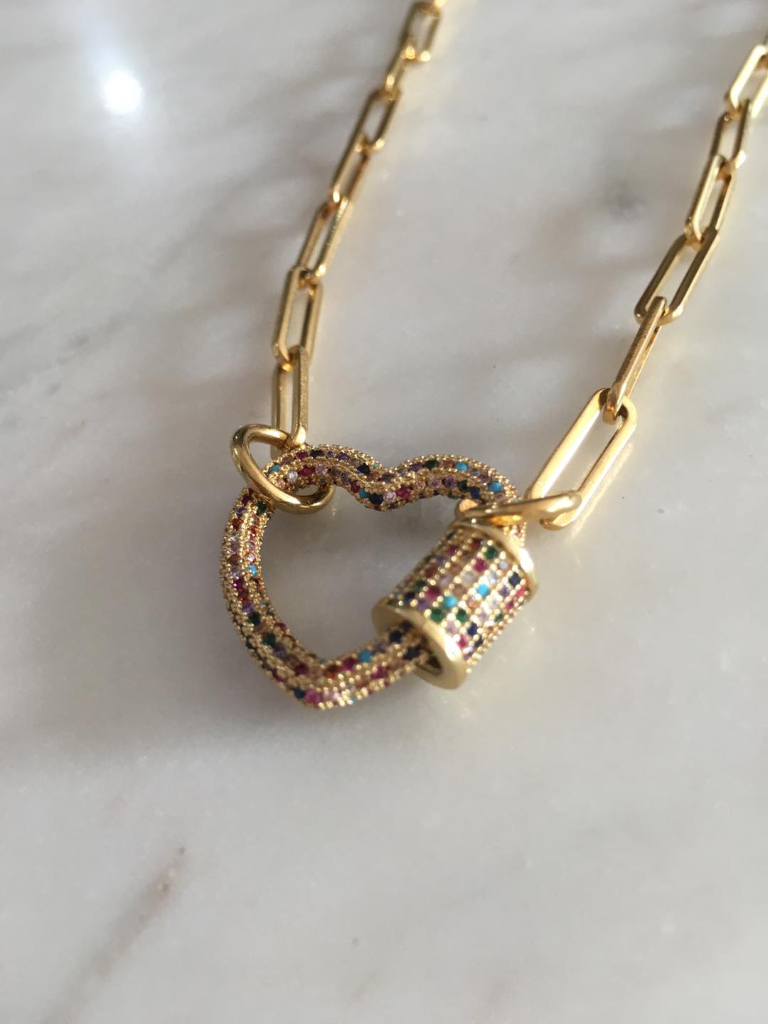Multicolored Studded Heart Lock Chain-link Necklace