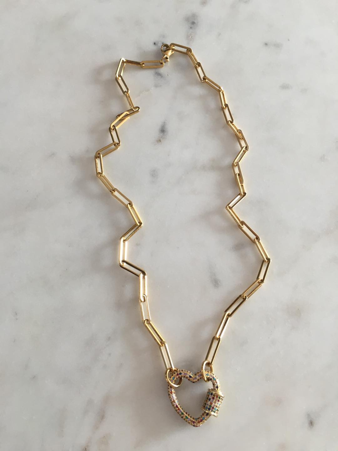 Multicolored Studded Heart Lock Chain-link Necklace