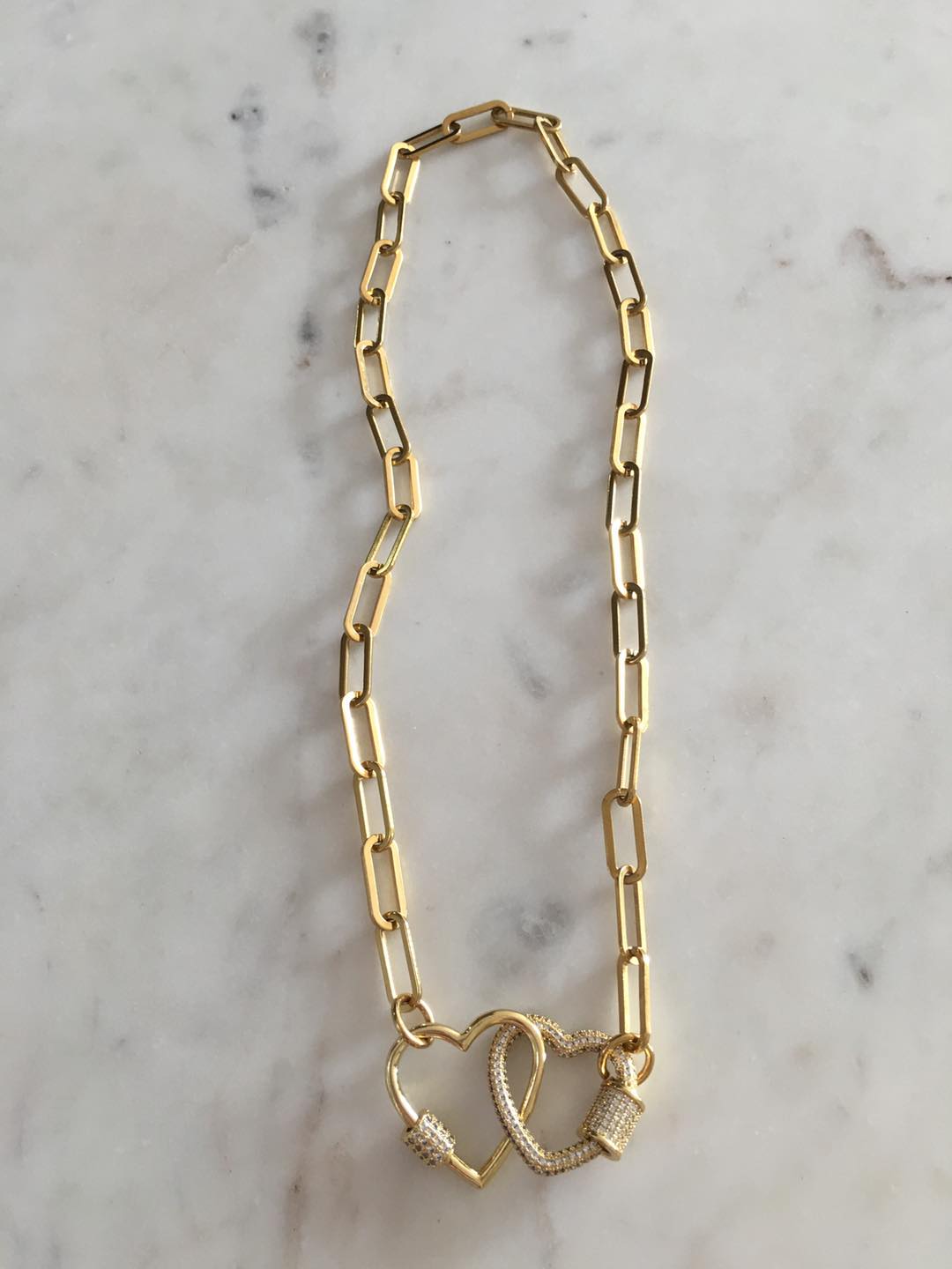 Double Heart Lock Chain-link Necklace (Plain and Studded Diamonds Combination)