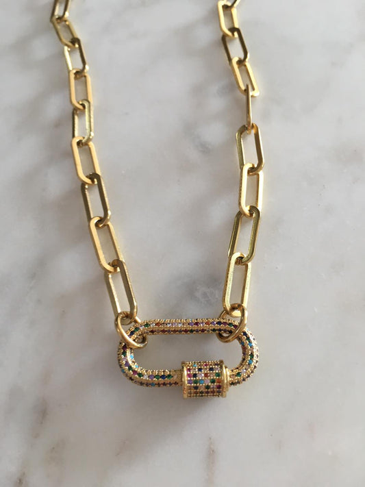 Sage Multicolored Studded Large Oval Lock Chain-link Necklace