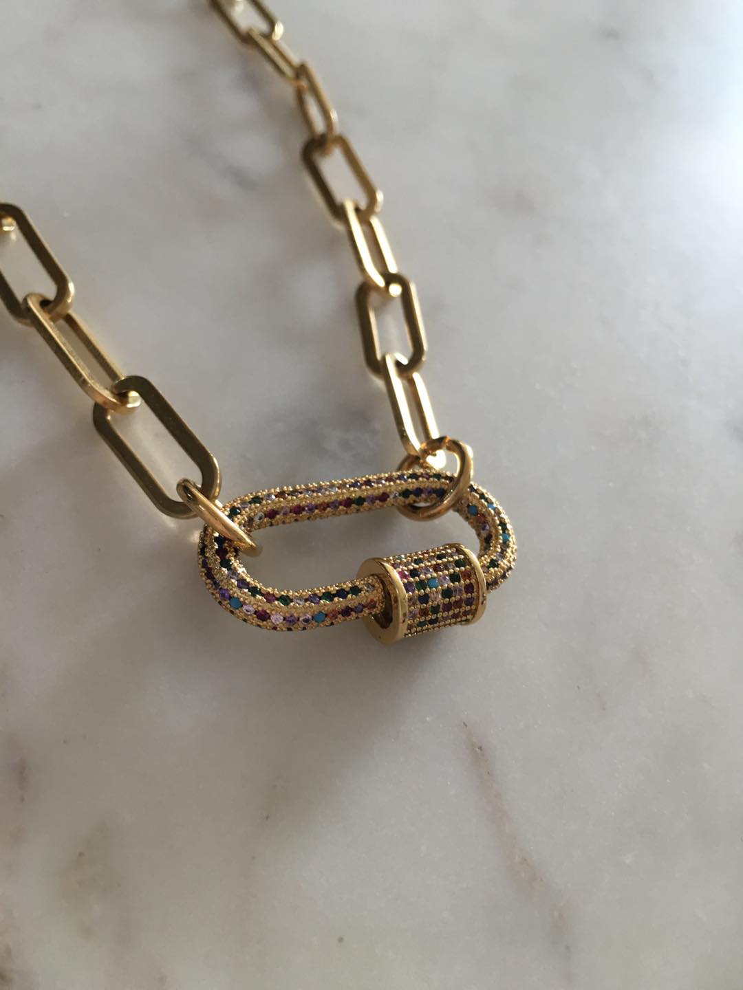 Sage Multicolored Studded Large Oval Lock Chain-link Necklace