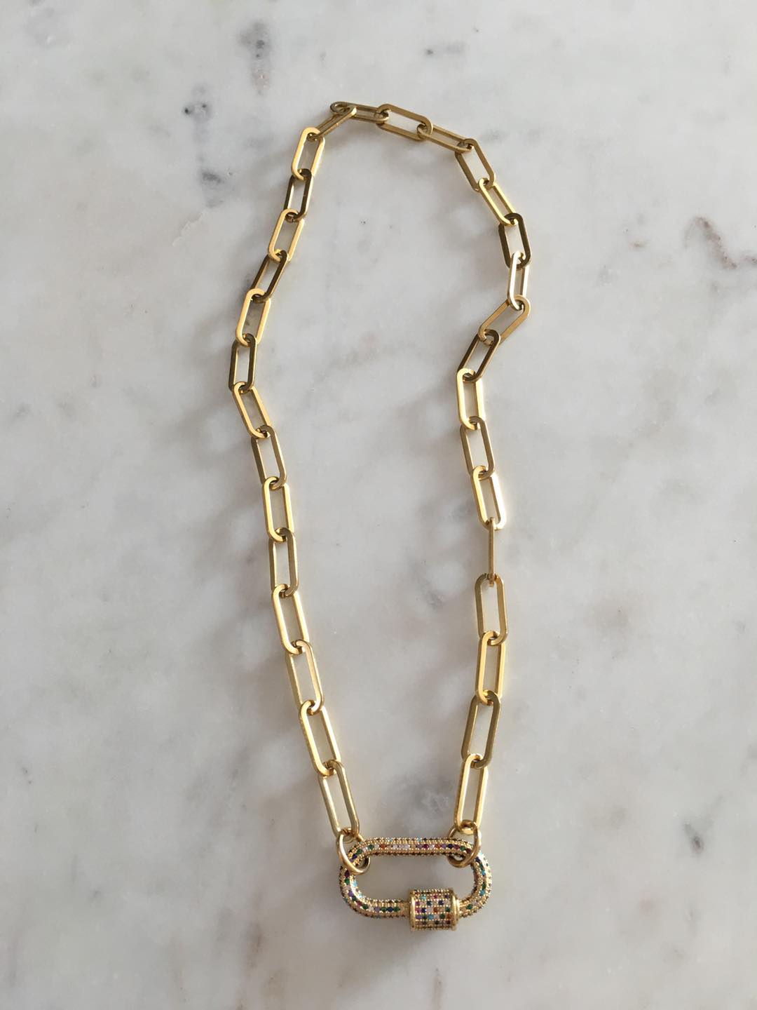 Sage Multicolored Studded Large Oval Lock Chain-link Necklace