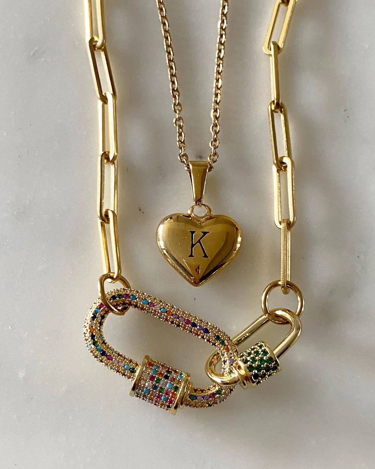 Alphabet Heart + Double Oval Lock Set Necklace