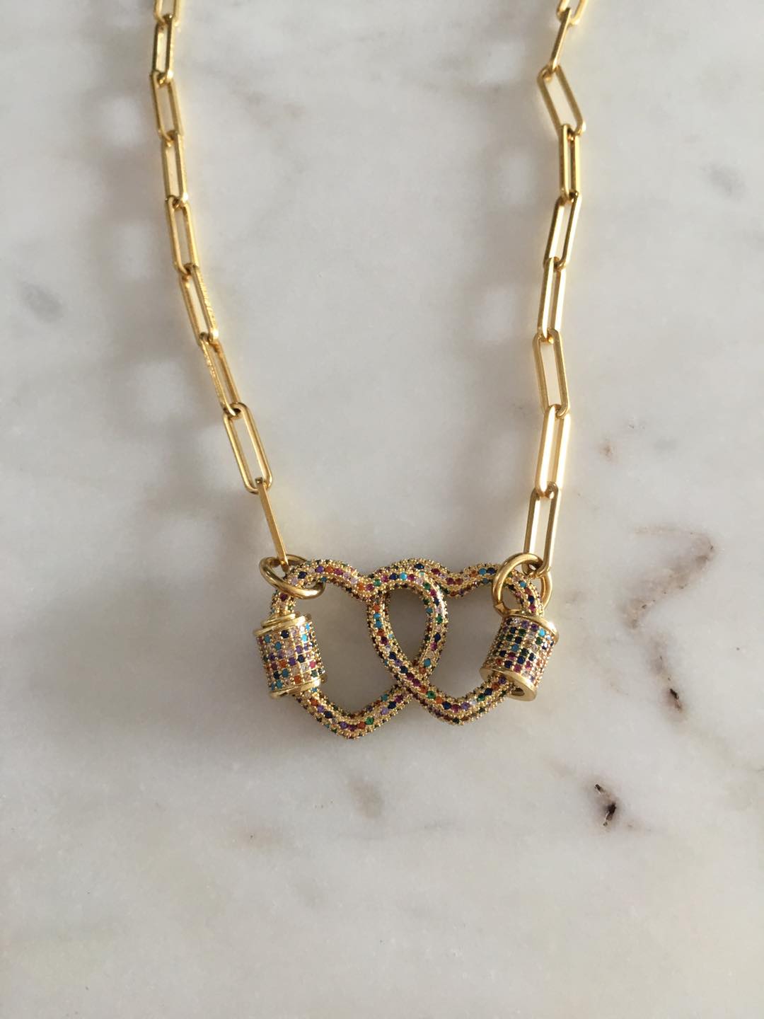 Shiloh Chain with Double Heart Lock Multicolored Charm Necklace