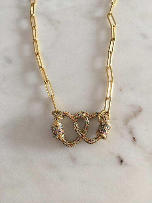Shiloh Chain with Double Heart Lock Multicolored Charm Necklace