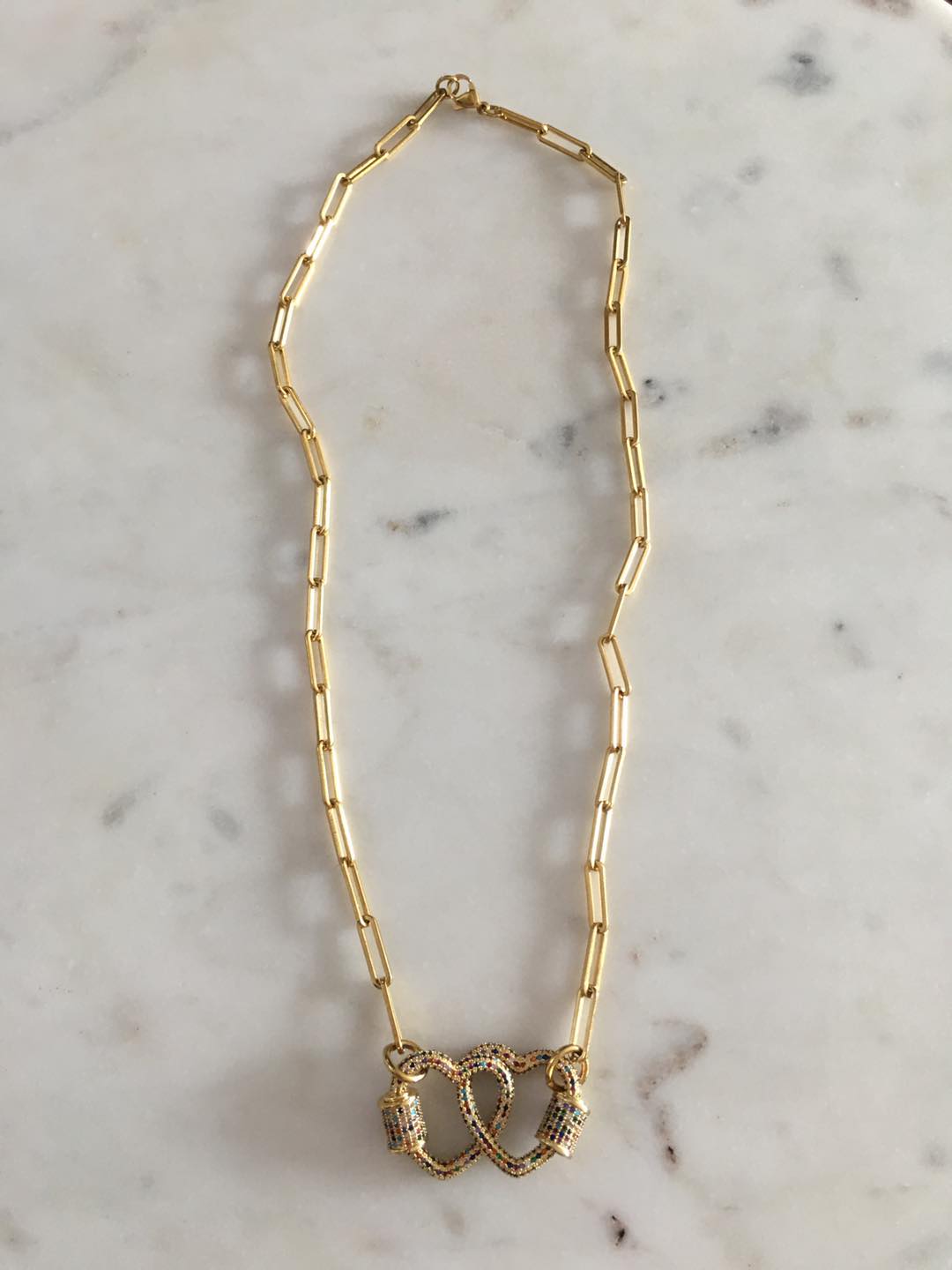 Shiloh Chain with Double Heart Lock Multicolored Charm Necklace