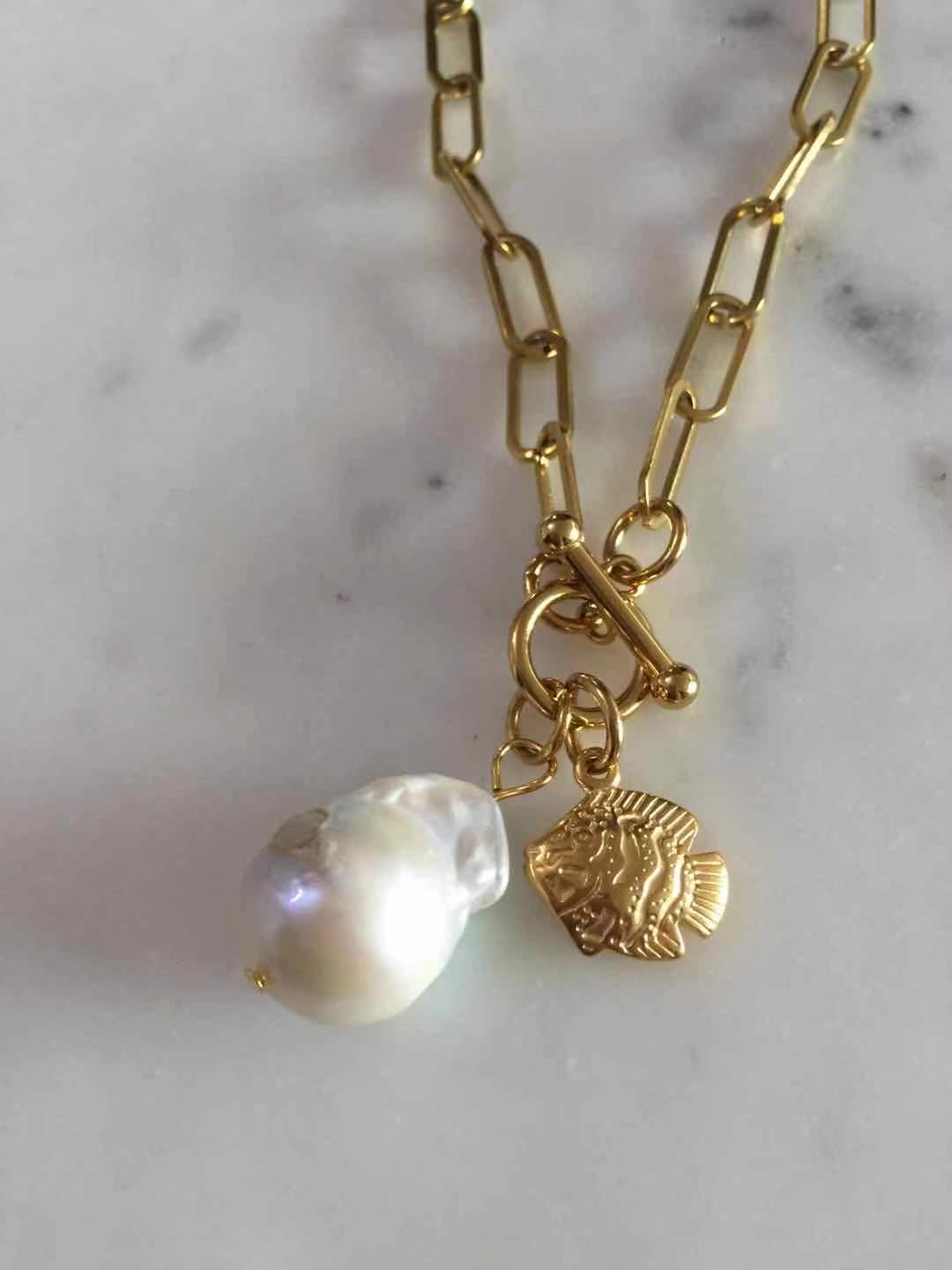 Fish + Baroque pearl necklace