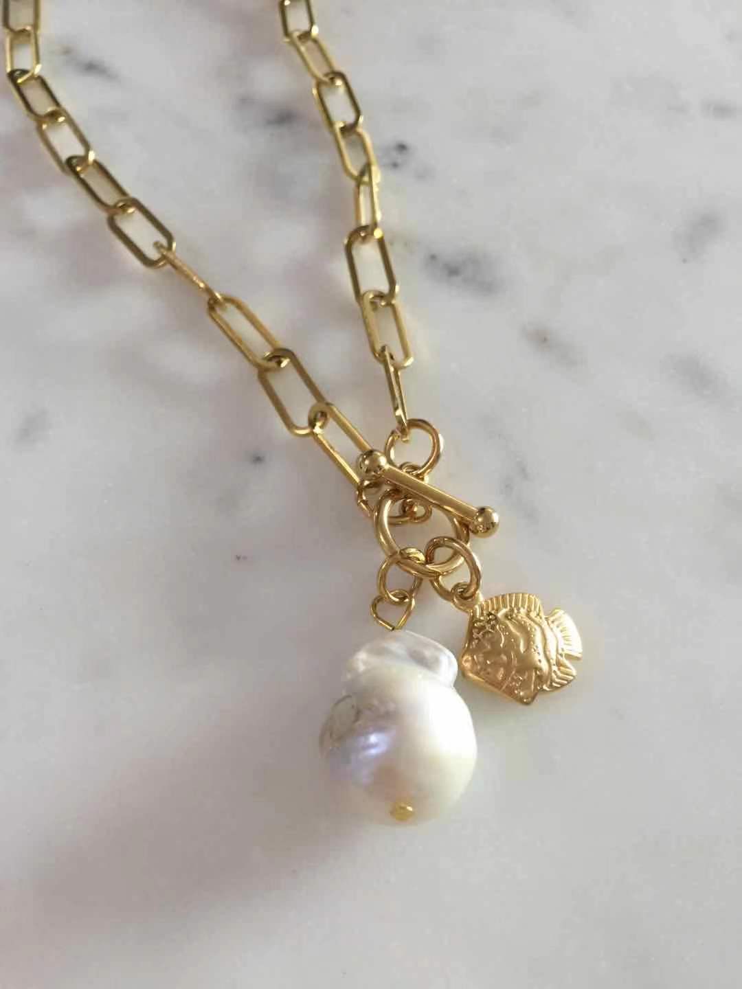 Fish + Baroque pearl necklace