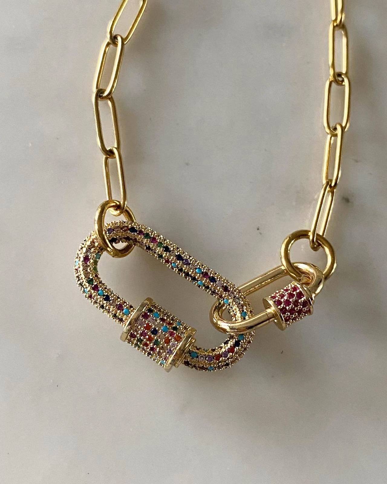 Double Oval Lock Ruby Large Multicolored Studded Necklace