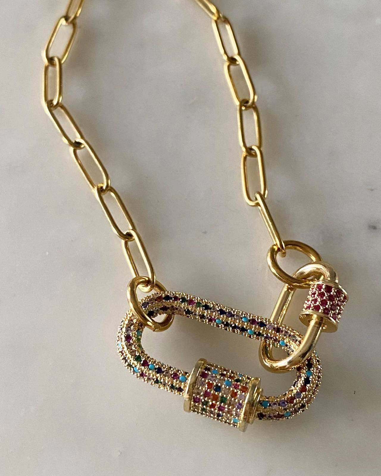 Double Oval Lock Ruby Large Multicolored Studded Necklace