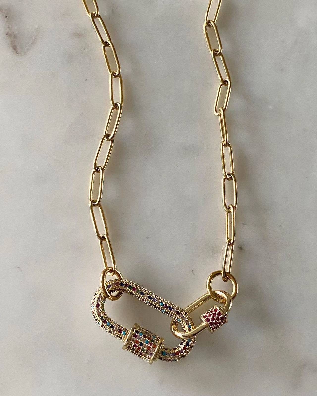Double Oval Lock Ruby Large Multicolored Studded Necklace