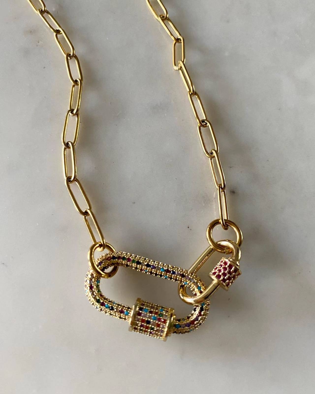Double Oval Lock Ruby Large Multicolored Studded Necklace