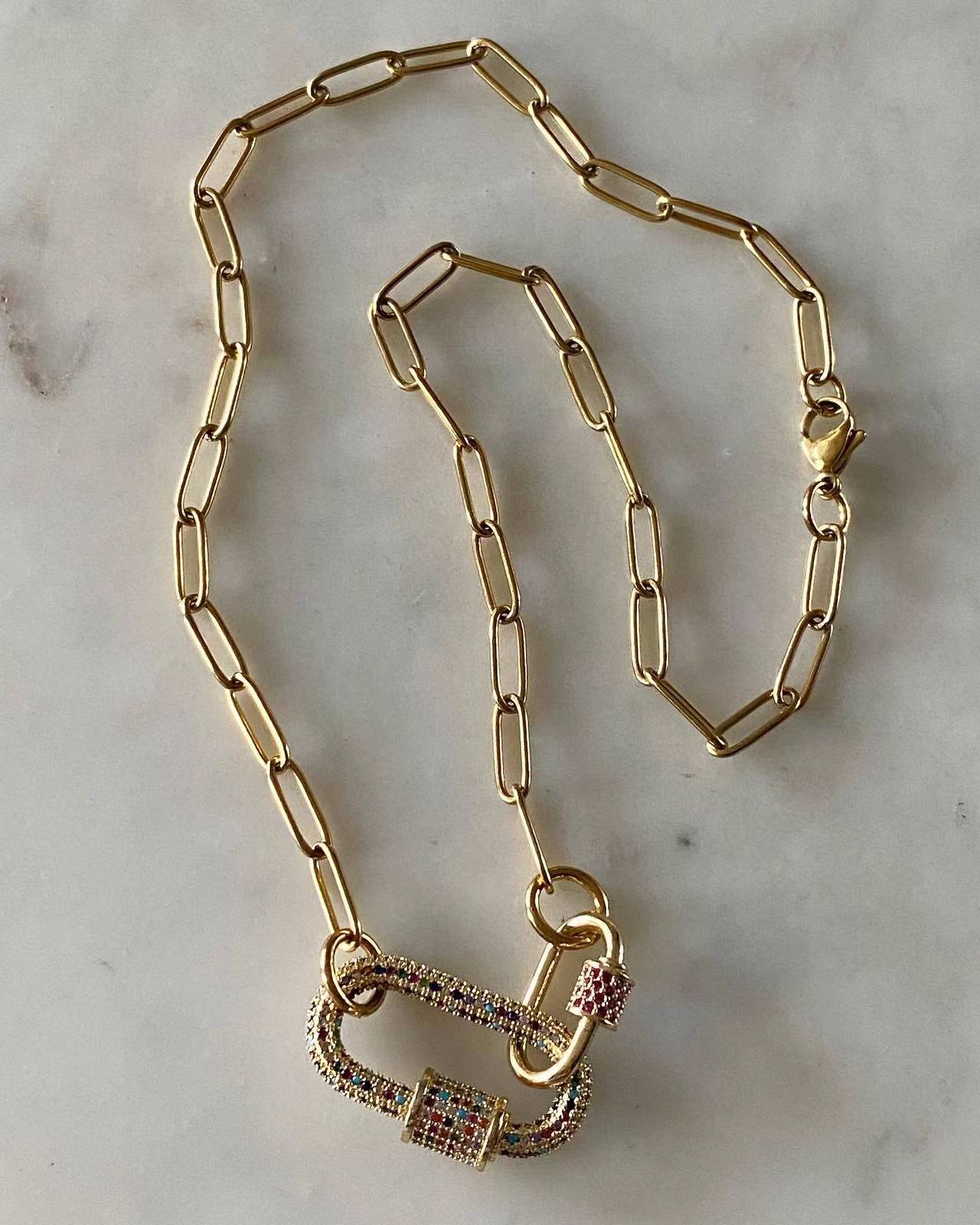 Double Oval Lock Ruby Large Multicolored Studded Necklace