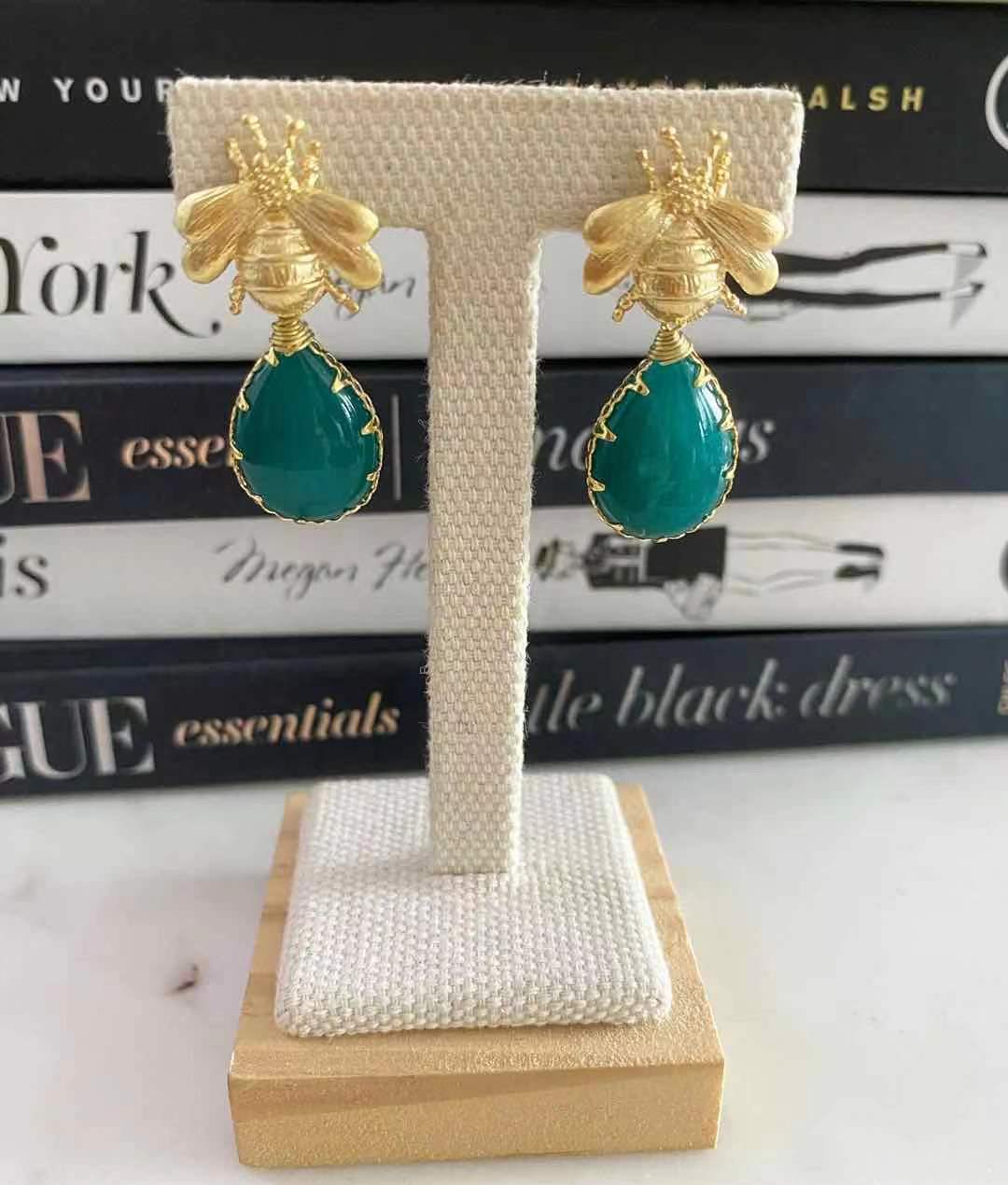 Brielle Bee Earrings with Emerald Jade