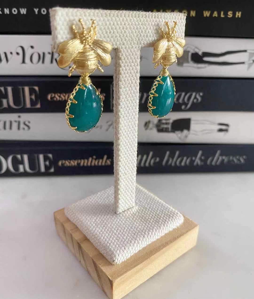 Brielle Bee Earrings with Emerald Jade
