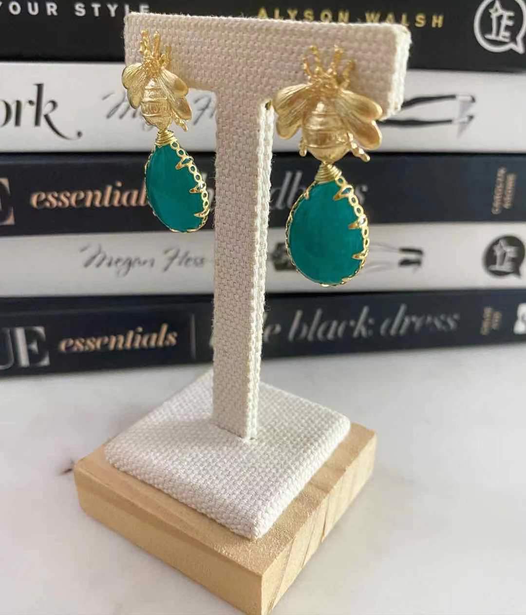 Brielle Bee Earrings with Emerald Jade