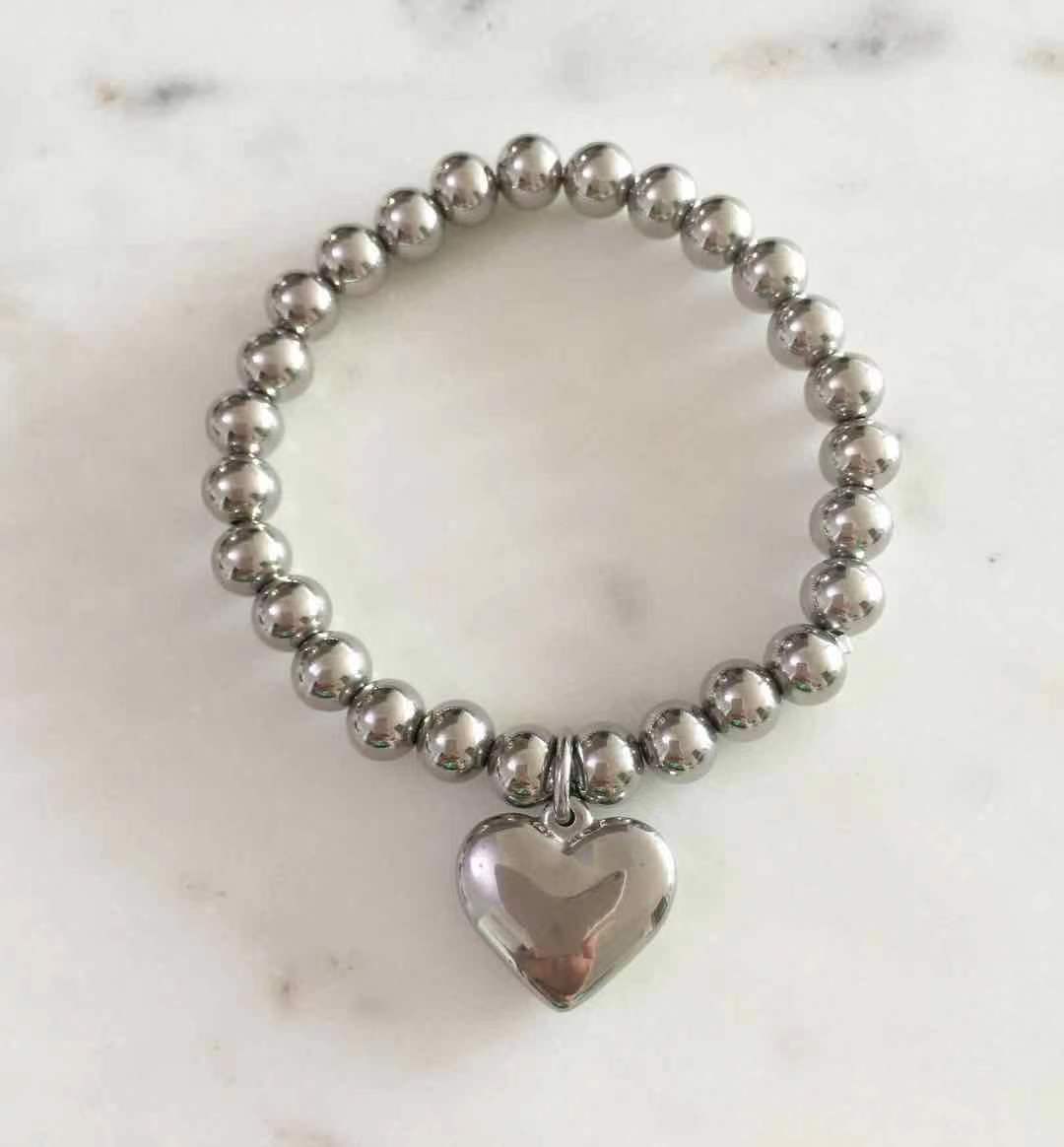 Silver Puff Heart Beaded Bracelet
