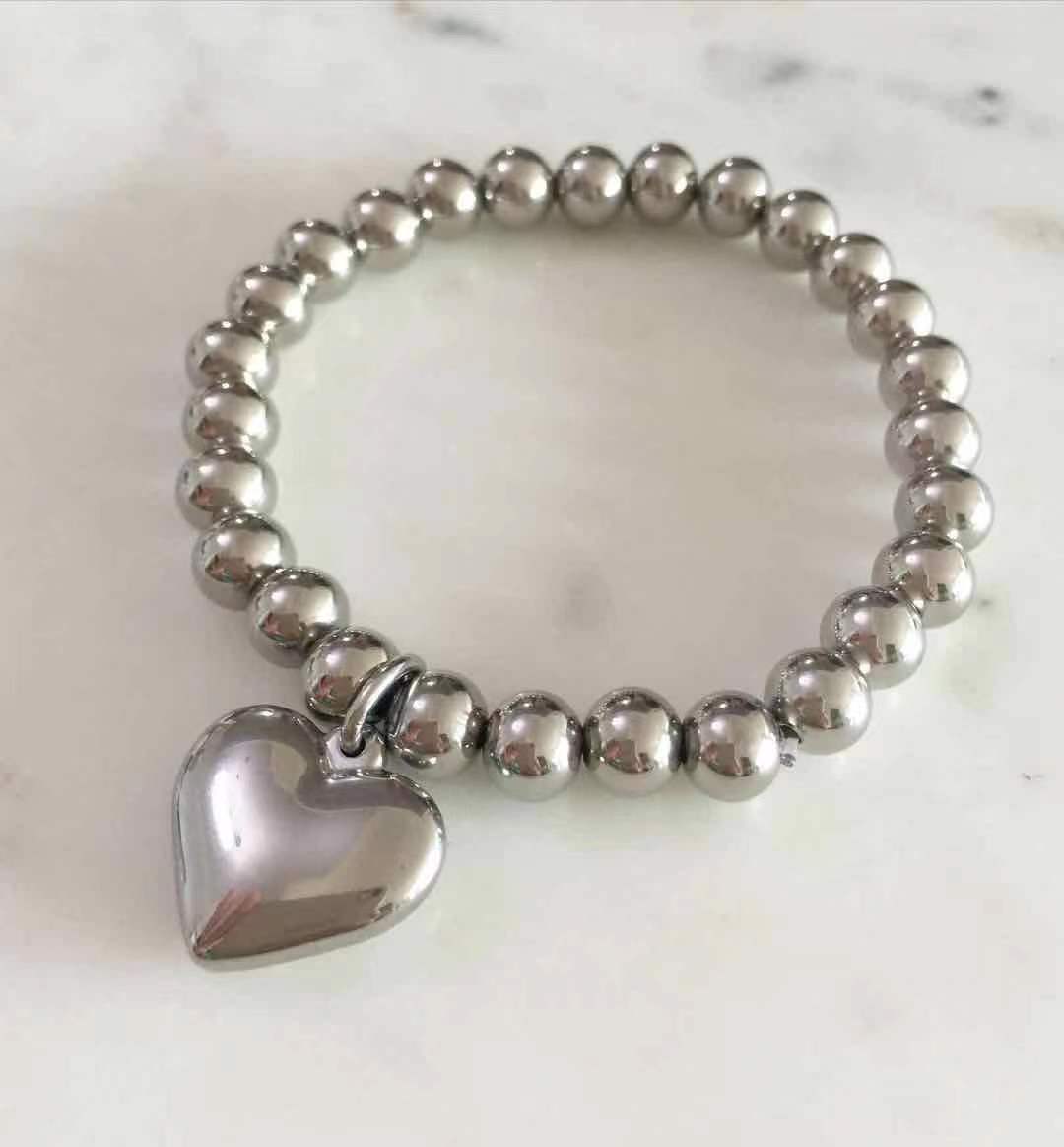 Silver Puff Heart Beaded Bracelet