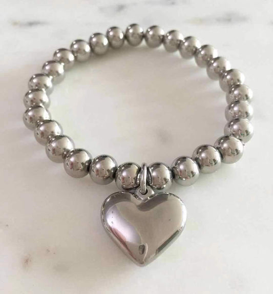 Silver Puff Heart Beaded Bracelet