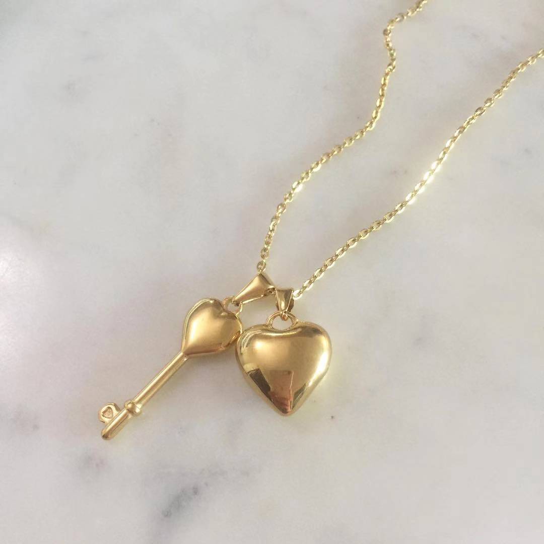 Puff Heart and Key Necklace