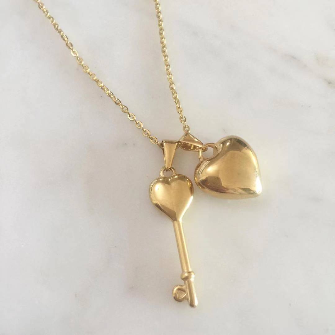 Puff Heart and Key Necklace