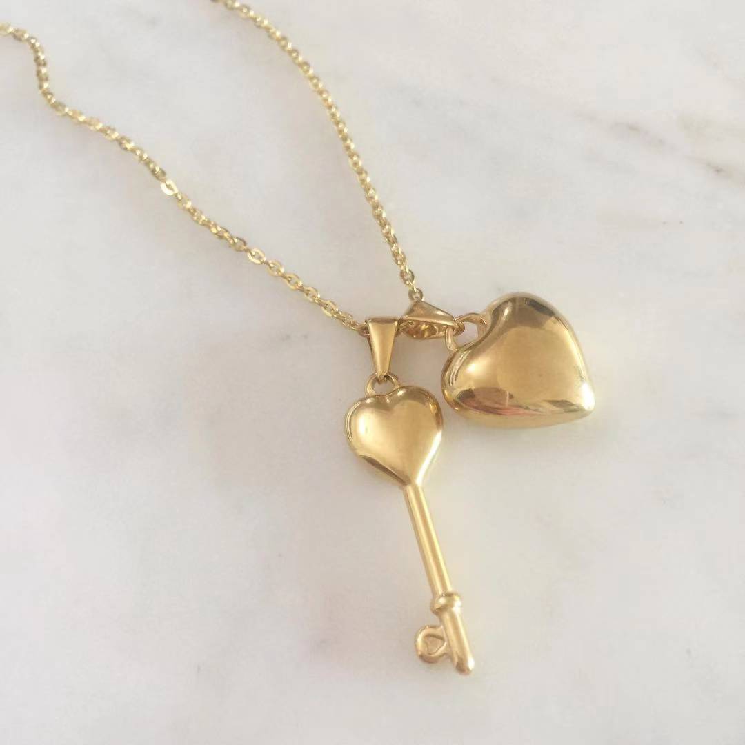 Puff Heart and Key Necklace