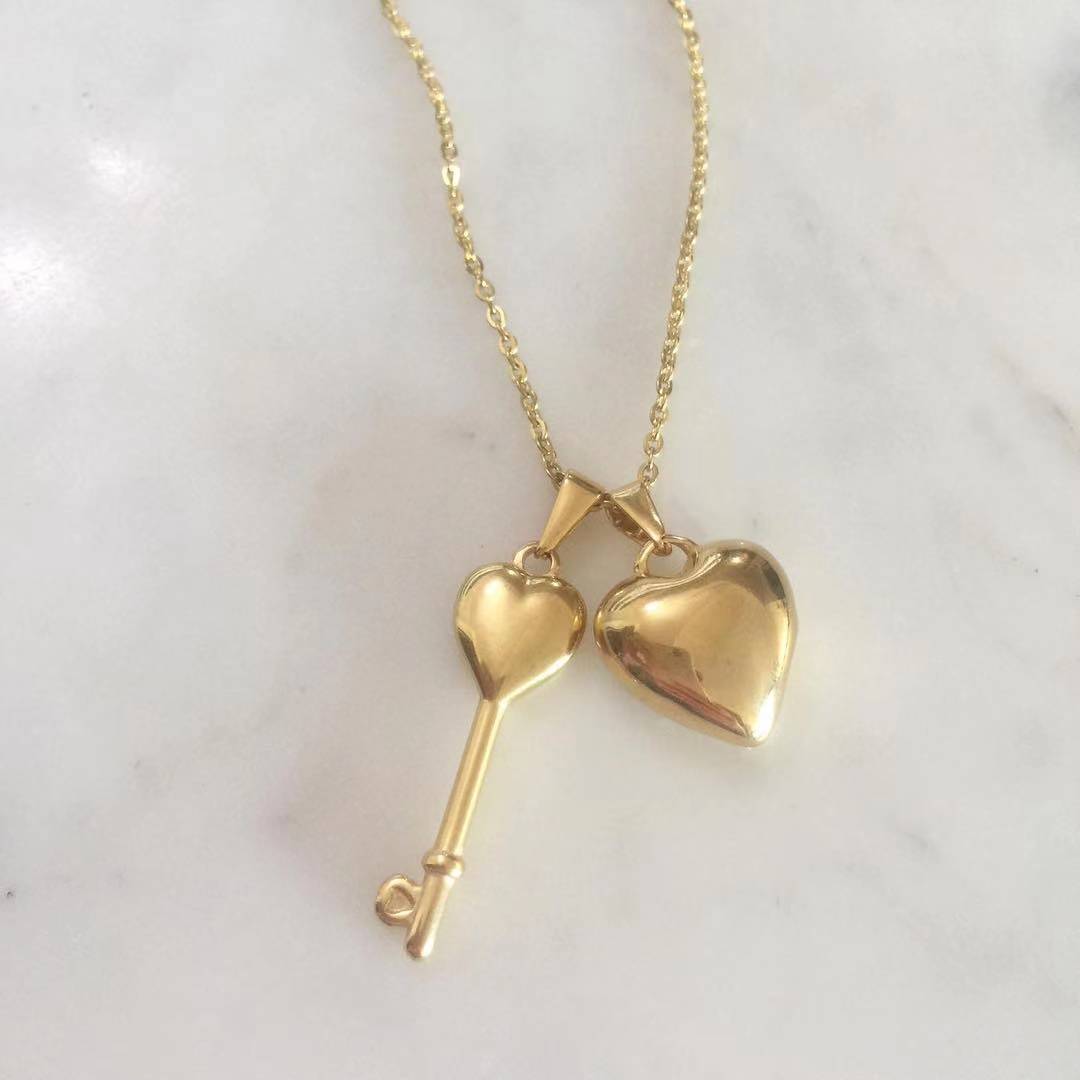 Puff Heart and Key Necklace