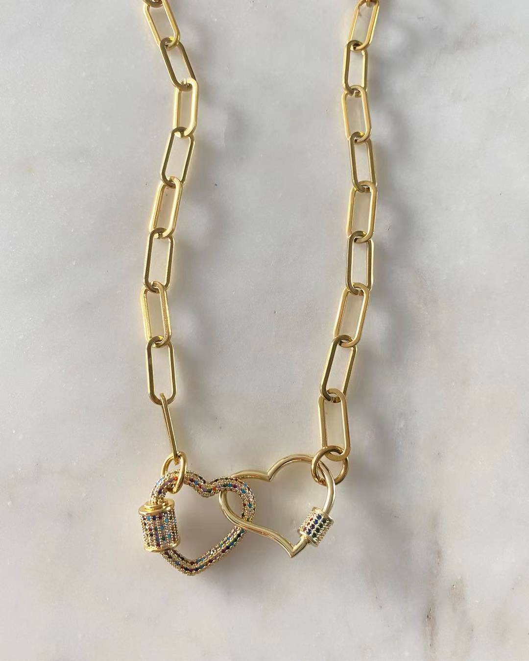 Martha And Simone Double Heart Lock Chain Link Necklace