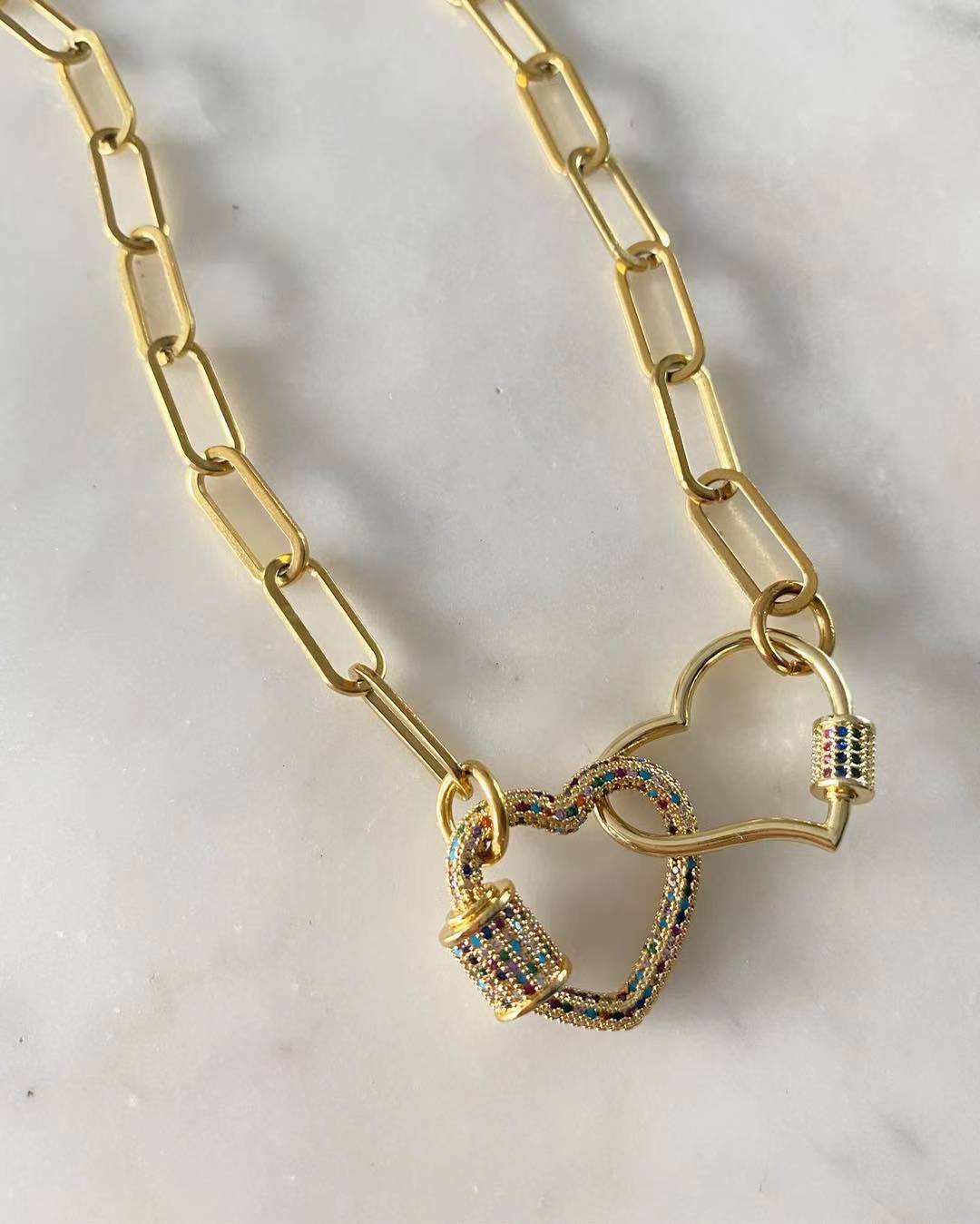 Martha And Simone Double Heart Lock Chain Link Necklace