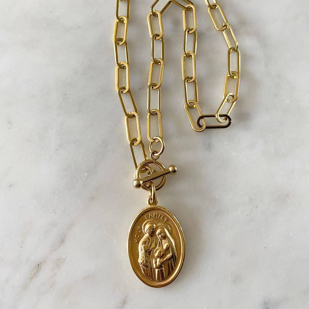 Embossed Holy Family Chain link Necklace