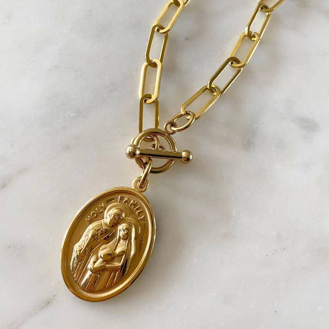 Embossed Holy Family Chain link Necklace