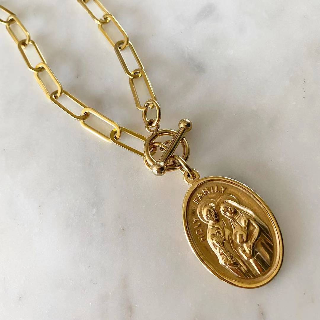 Embossed Holy Family Chain link Necklace