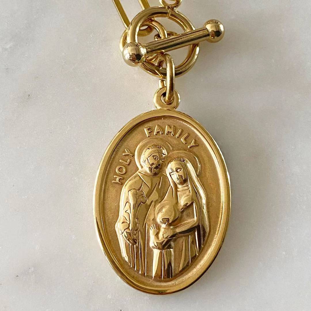 Embossed Holy Family Chain link Necklace
