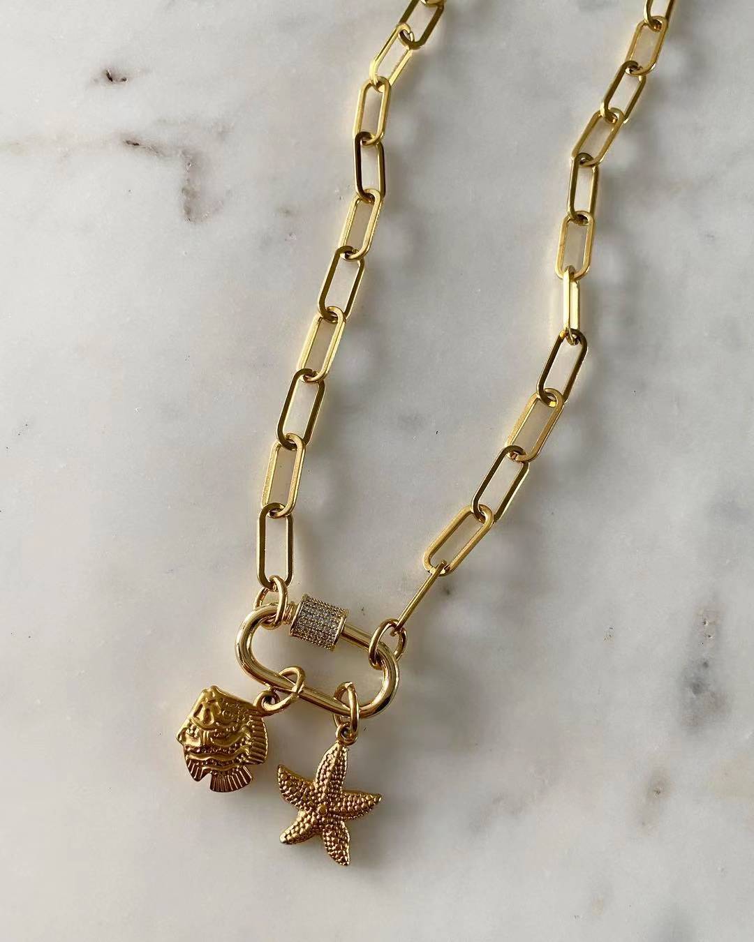 Gold Carabiner Necklace with Charms - Fish and Starfish