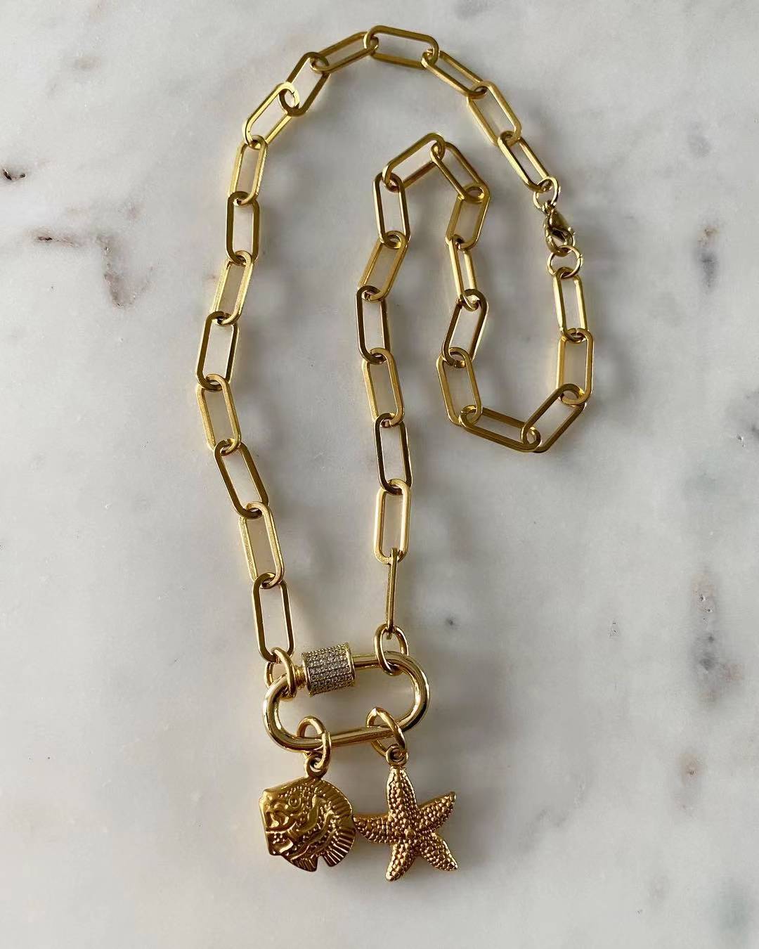 Gold Carabiner Necklace with Charms - Fish and Starfish