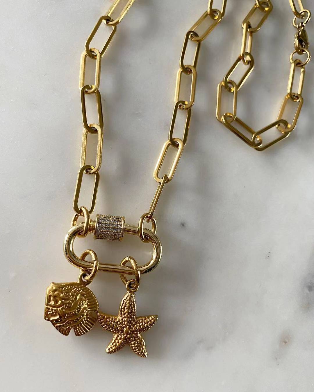 Gold Carabiner Necklace with Charms - Fish and Starfish