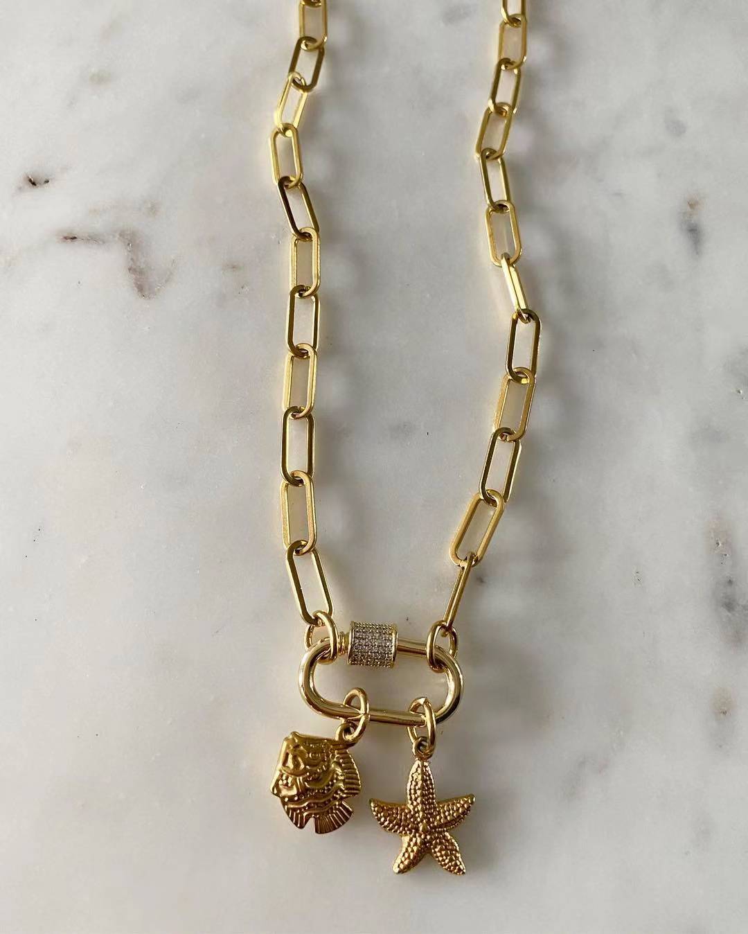 Gold Carabiner Necklace with Charms - Fish and Starfish