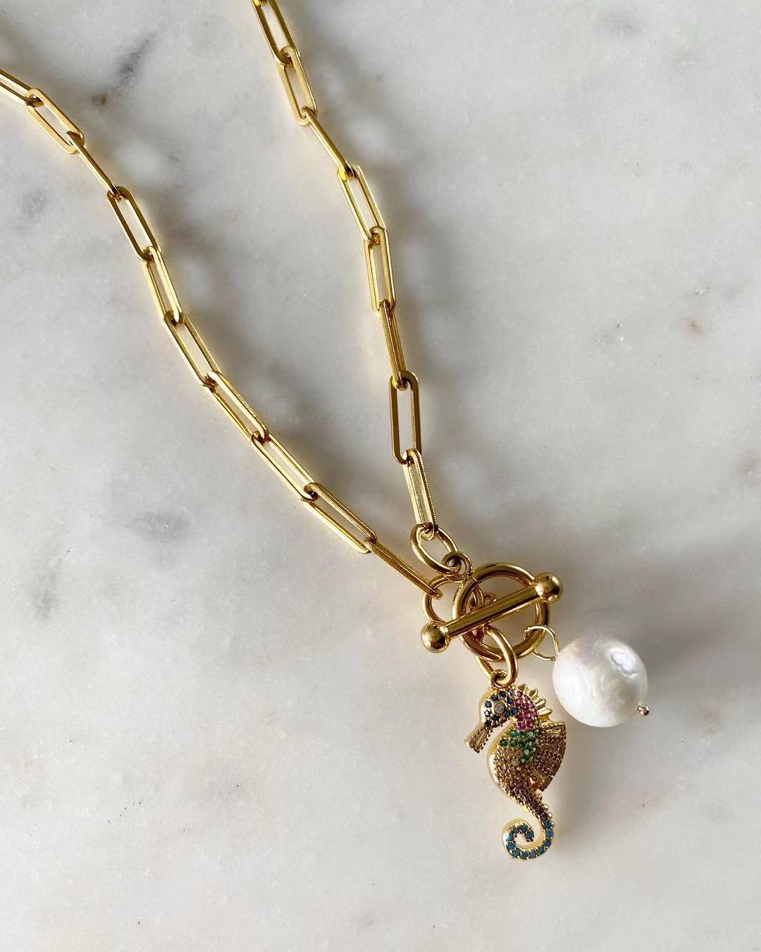 Colored Seahorse and Pearl Necklace