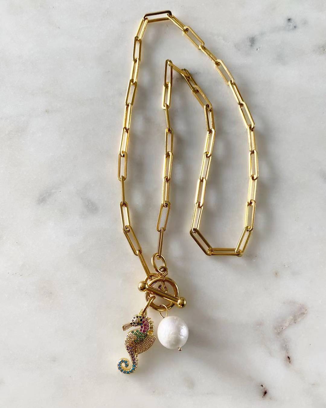 Colored Seahorse and Pearl Necklace