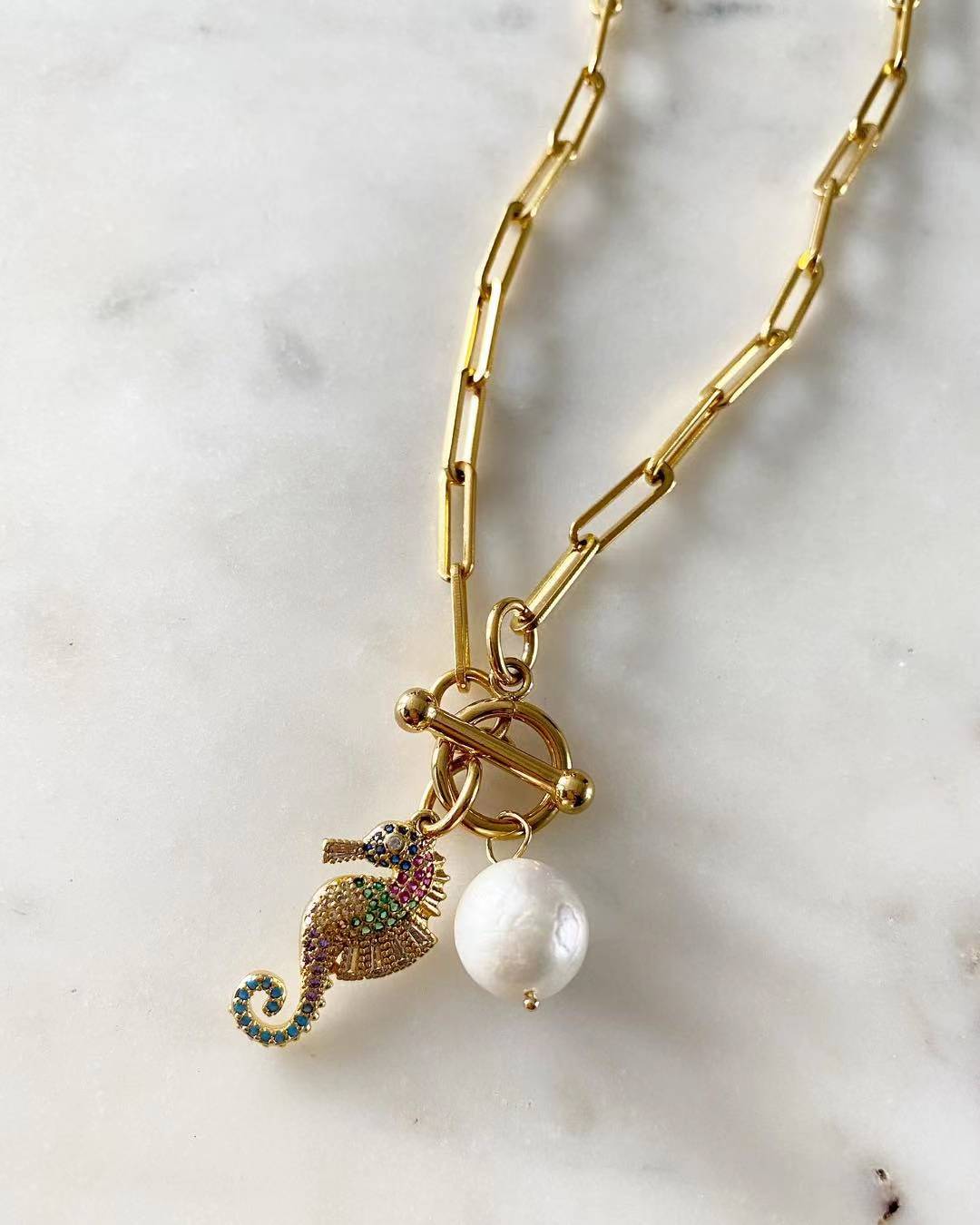Colored Seahorse and Pearl Necklace