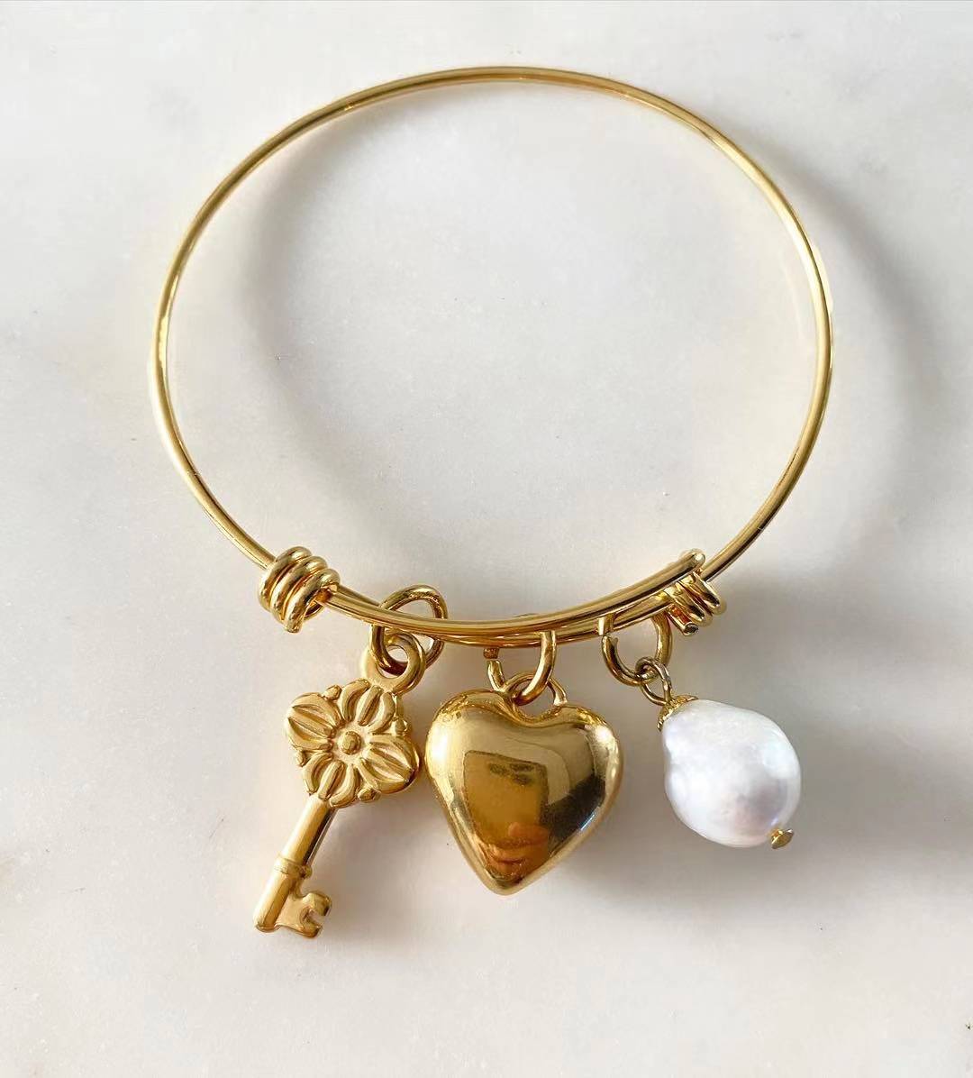 Heart • Key • Pearl Bangle