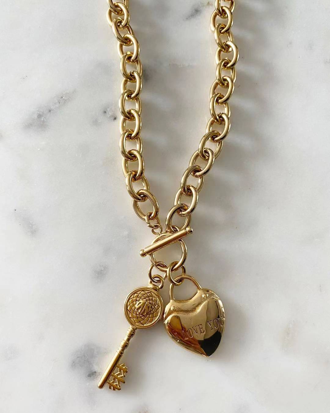 Love You Heart & Key Chunky Chain Necklace