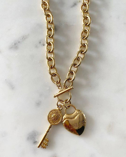 Love You Heart & Key Chunky Chain Necklace