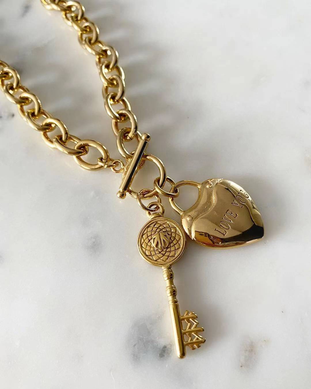 Love You Heart & Key Chunky Chain Necklace