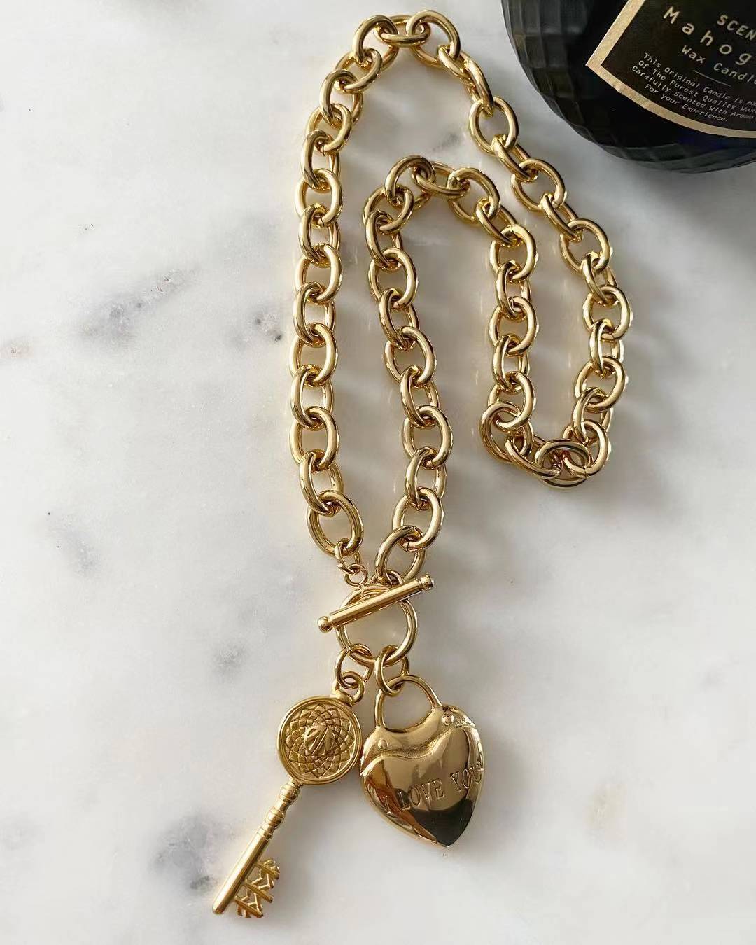 Love You Heart & Key Chunky Chain Necklace
