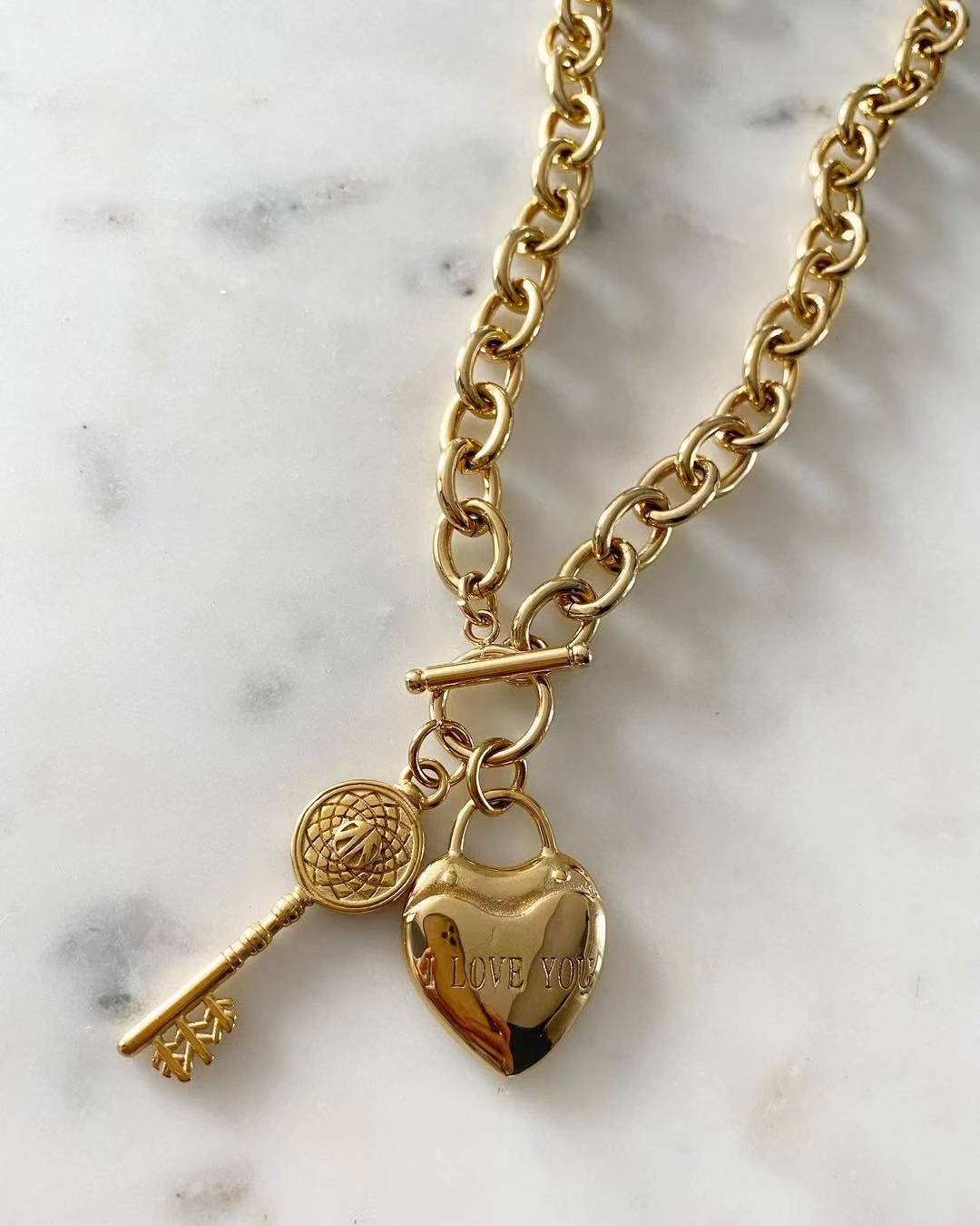 Love You Heart & Key Chunky Chain Necklace