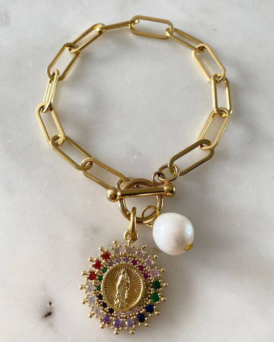 Multicolored Our Lady of Guadalupe with Pearl Toggle Lock Bracelet
