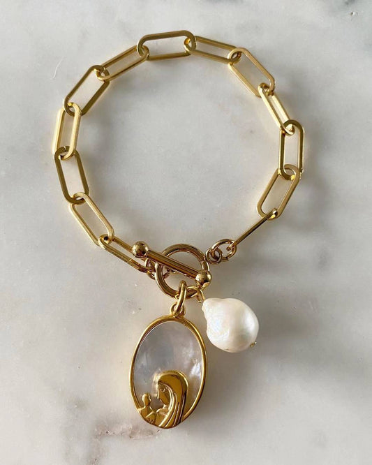 Our Lady of Lourdes With Freshwater Pearl Paperclip Chain Bracelet